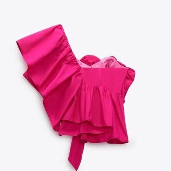 ZARA WOMEN ASYMMETRIC RUFFLED TOP FUCHSIA FLOWER VOLUMINOUS, SIZE S - Picture 2 of 11